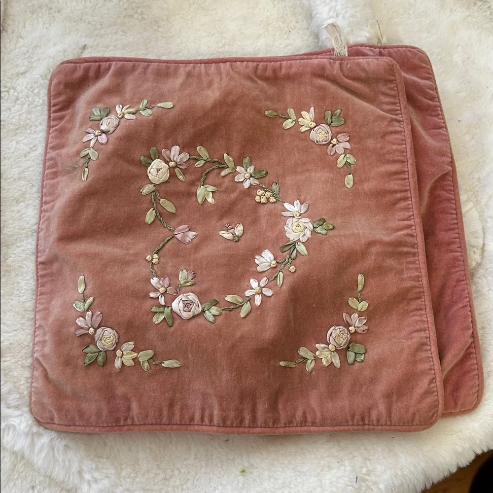Velvet blush mauve embroidered floral pillow covers set of 2